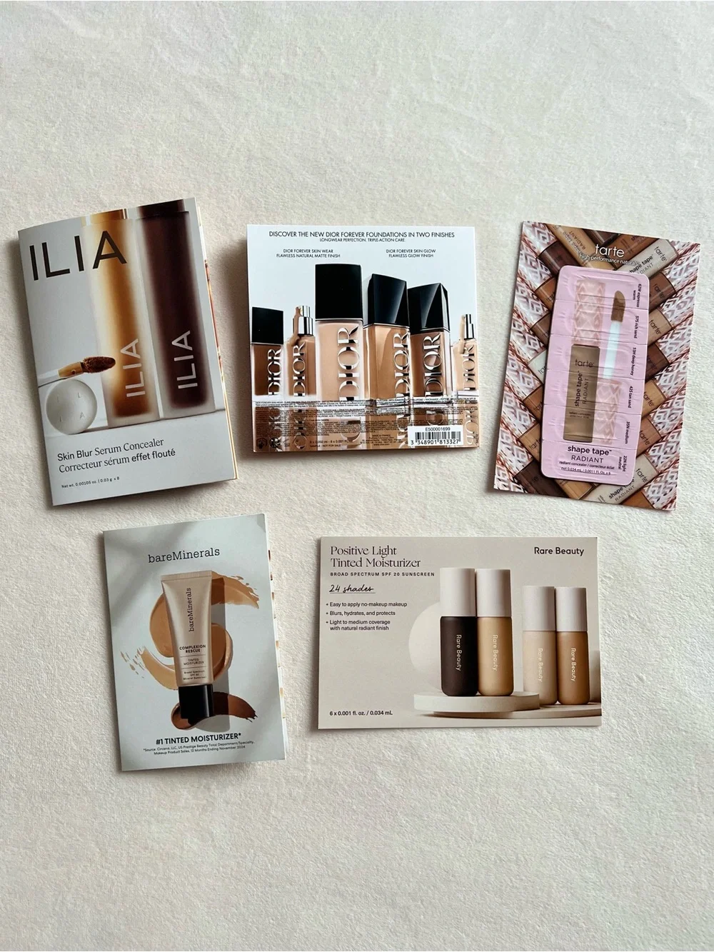 5 Piece Makeup Sample Cards (Dior, Ilia, Tarte, Bare Minerals, Rare Beauty)